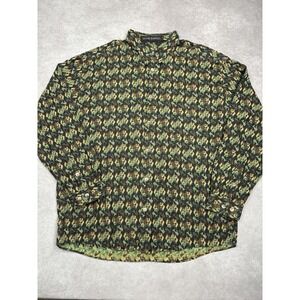 Jhane Barnes Shirt Mens XL Green Brown Camo Pattern Button Up Long Sleeve Cotton